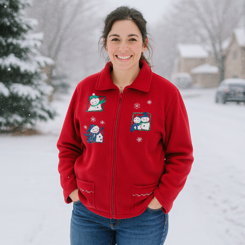 Vintage Breckenridge Sweatshirt Women’s LARGE | Red Fleece Zip Jacket | Snowmen